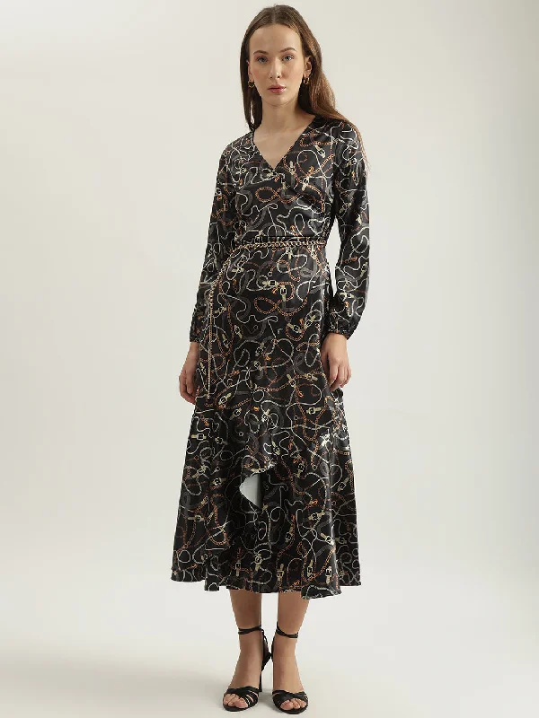 Iconic Women Multi Printed V-Neck Full Sleeves Wrap Dress