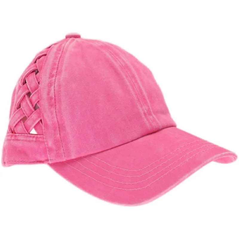 Women's Basket Woven Criss Cross Pony Cap In Pink