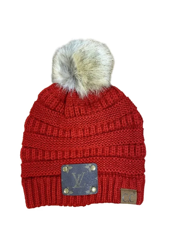 Women's Cc Fur Pom Pom Beanie With Lv Patch In Burgundy