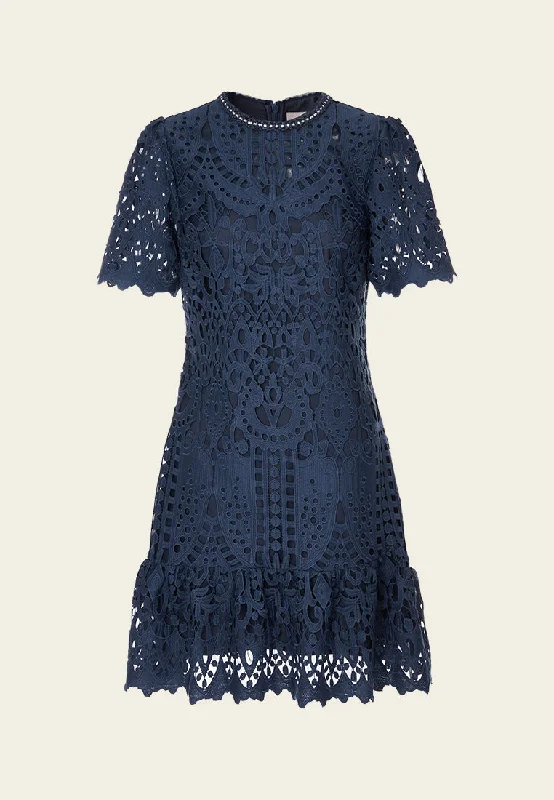 Dark blue Hollow-carved Lace Dress