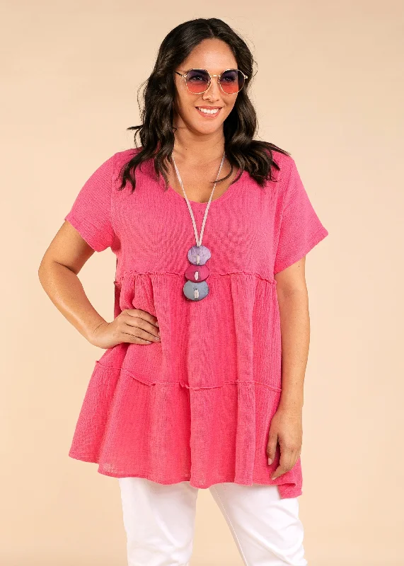 Nessa Linen V Neck Top in Raspberry Sorbet