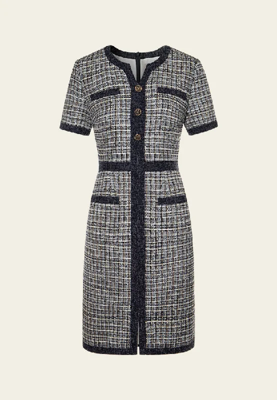 Rose Sculpted-button Contrast-trim Checked Dress