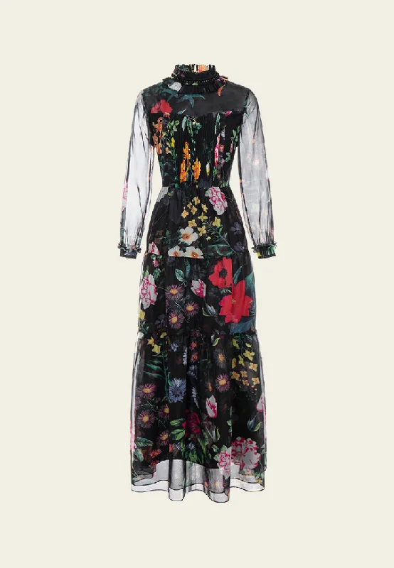 Ruffle-collar Floral-print Chiffon Dress