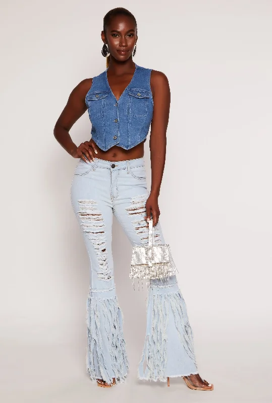 Distressed Frayed Fringe Flare Jeans