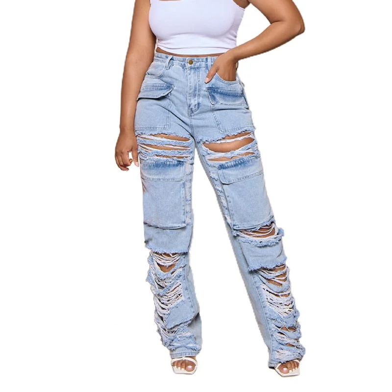 Amy Fashion - Summer Hollow Out Broken Holes Straight Jeans