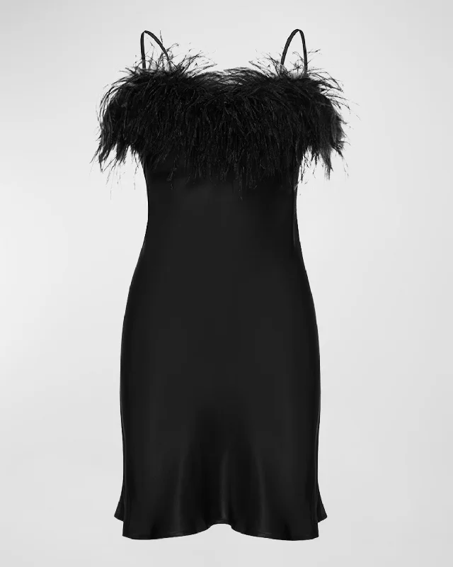 Boheme Feather-Trim Satin Mini Slip Dress