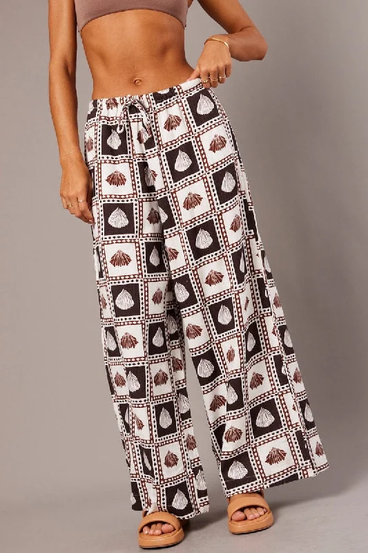 Brown Abstract Wide Leg Pants High Rise