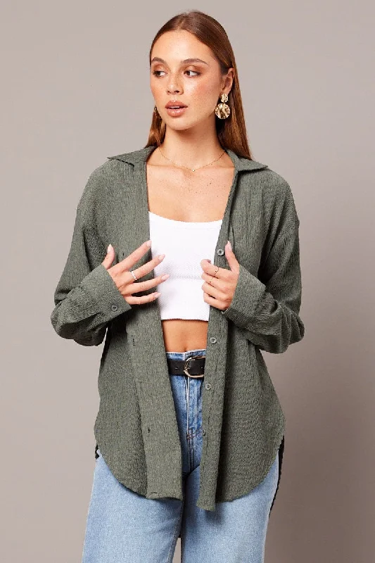 Green Textured Shirt Long Sleeve