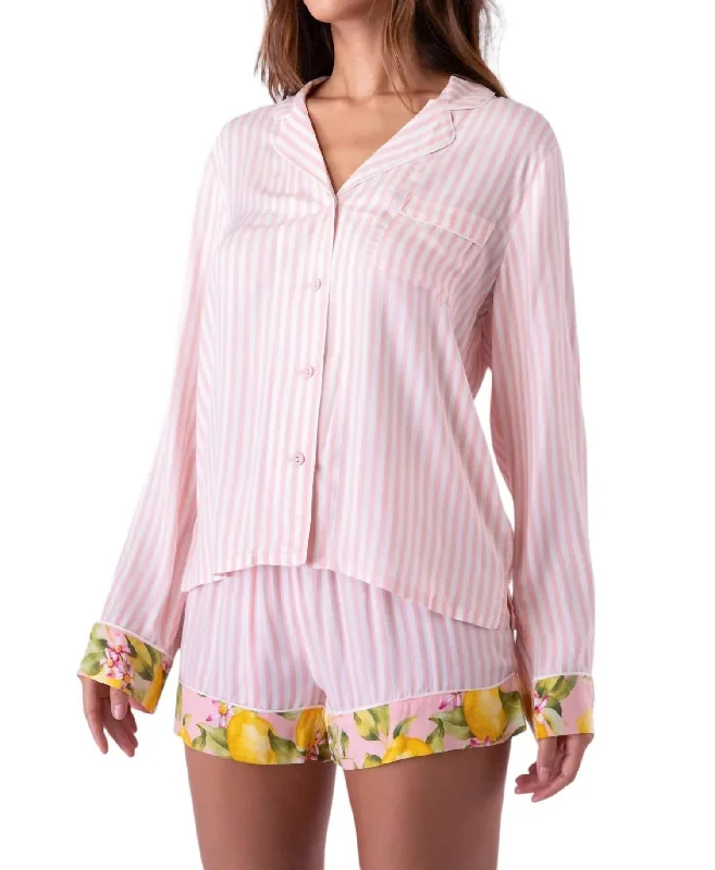 Long Sleeve Button Up Pajama Shirt In Pink Dream