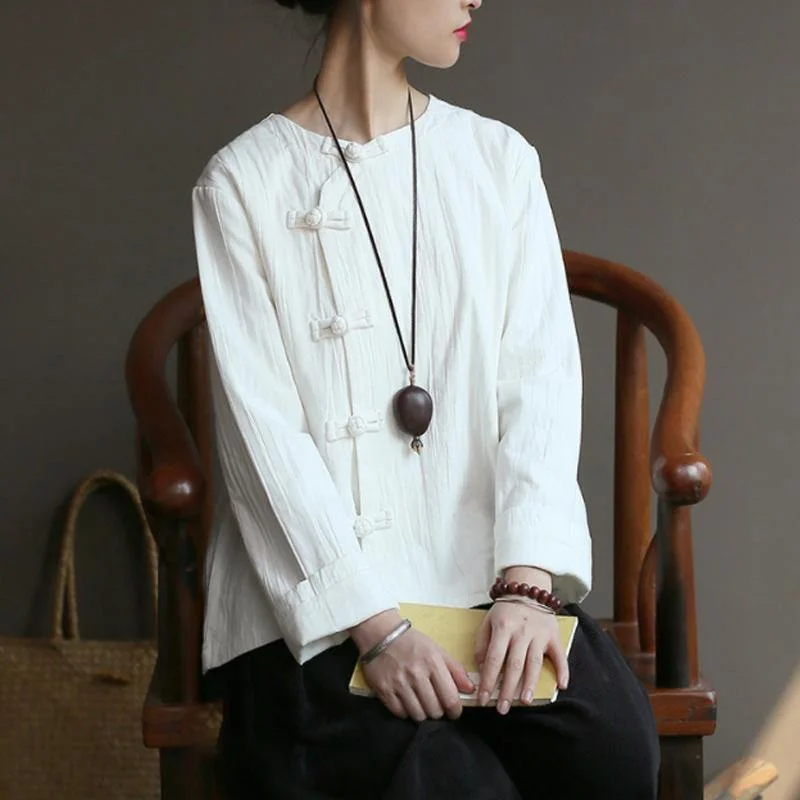 Loose cotton white Blouse Omychic Women Chinese Style Cotton Frog Spring Coat Shirt