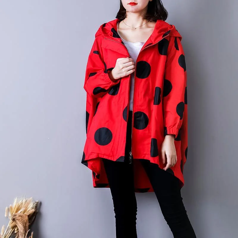 Luxury red dotted maxi coat Loose fitting hooded autumn coat Fine low high design coats