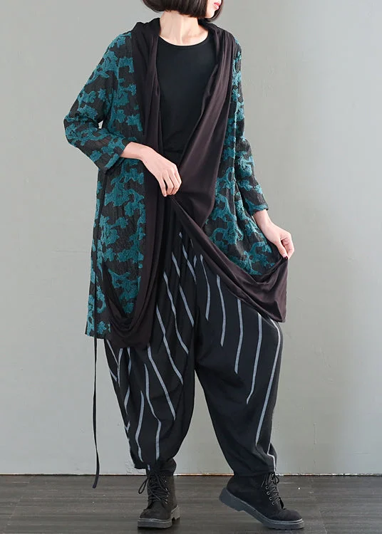 Plus Size Green Oversized Patchwork Jacquard Cotton Cardigan Fall