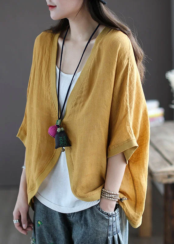 Plus Size Yellow V Neck Patchwork Linen Cardigan Summer