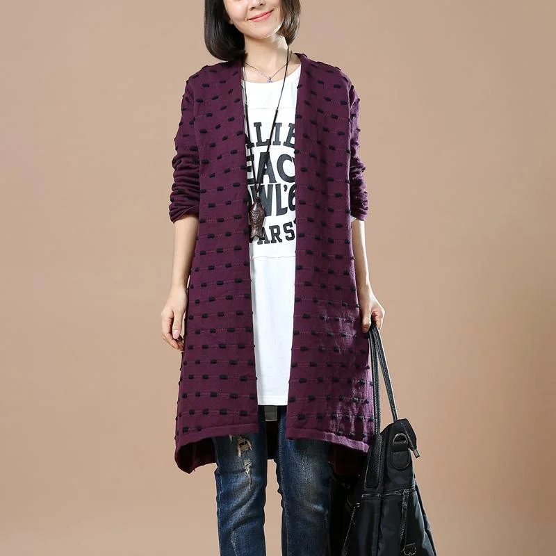 Purple long sweater cardigans dotted knitted outwear