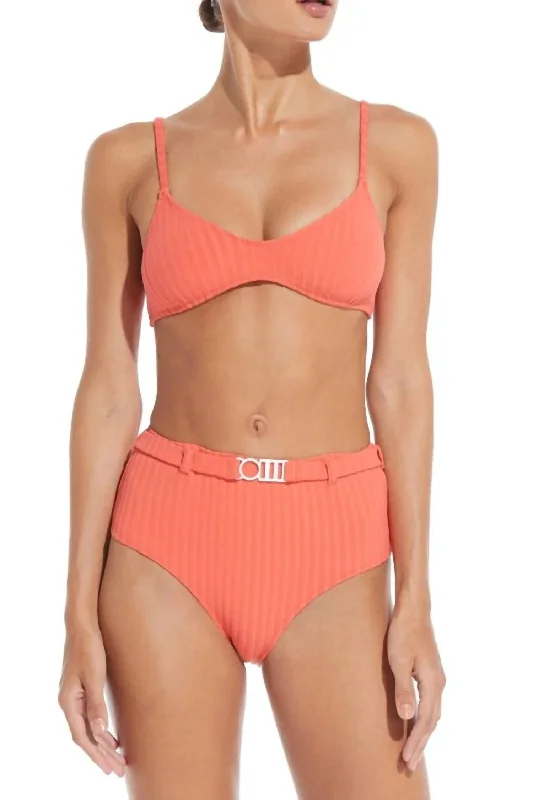 The Cora Belt Ribbed Bikini Bottom In Coral Orange