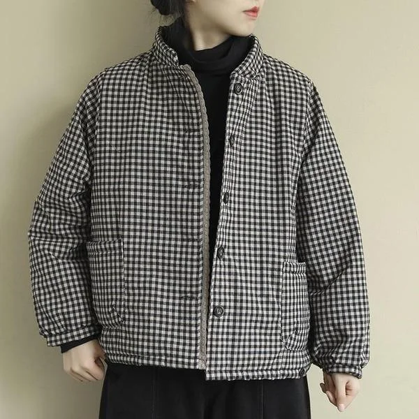 Women Vintage Plaid Parkas Button Cotton Blend Stand Pockets