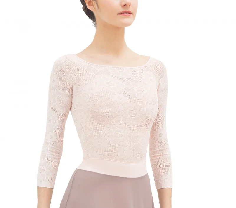 Long sleeves top in rosette lace-Pink